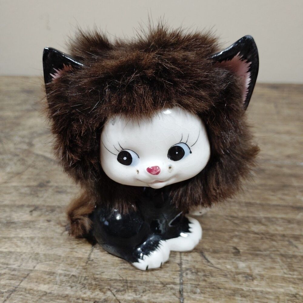 Vintage 50s Sweet Anthropomorphic Black Fuzzy Fur Cat Figurine Kitsch Japan